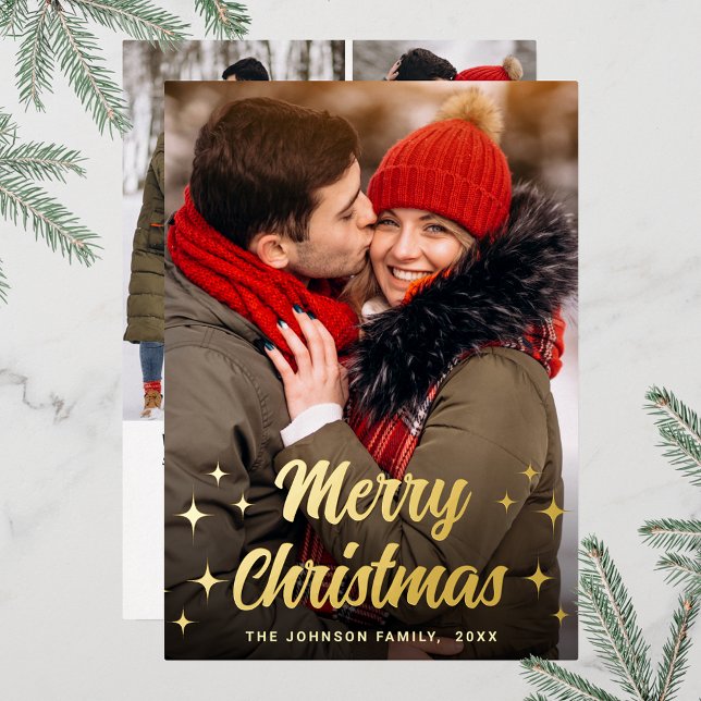 Sparkle Merry Christmas 4 PHOTO Greeting Gold Foil Holiday Card (Customizable Christmas holiday greeting photo card with real foil print.)