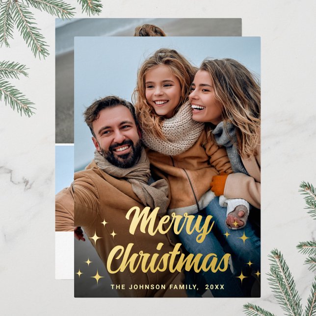 Sparkle Merry Christmas 4 PHOTO Greeting Gold Foil Holiday Card (Creator Uploaded)