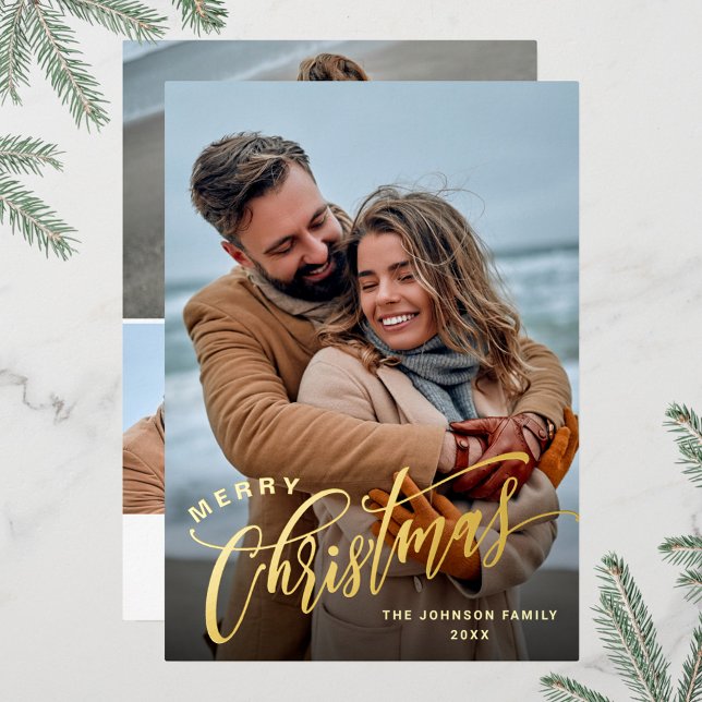 Sparkle Merry Christmas 4 PHOTO Greeting Gold Foil Holiday Card (Creator Uploaded)