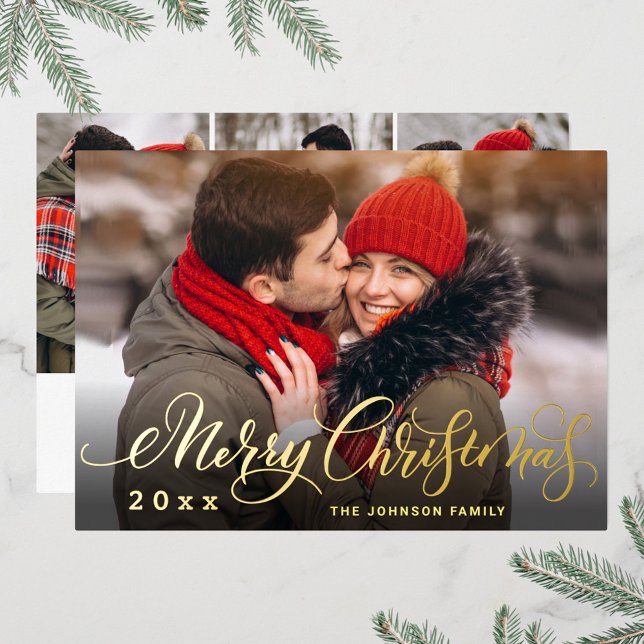 Sparkle Merry Christmas 4 PHOTO Greeting Gold Foil Holiday Card (Creator Uploaded)