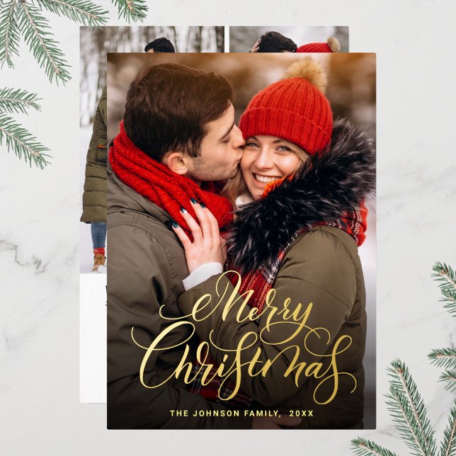Sparkle Merry Christmas 4 PHOTO Greeting Gold Foil Holiday Card (Creator Uploaded)