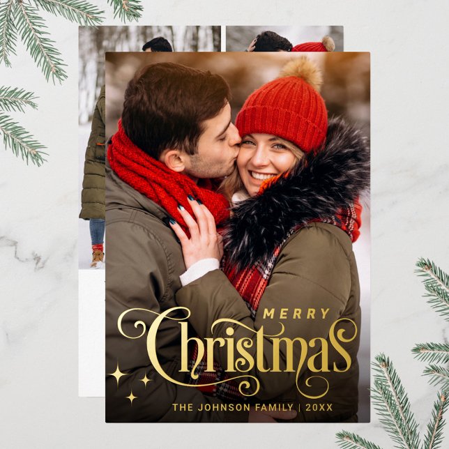 Sparkle Merry Christmas 4 PHOTO Greeting Gold Foil Holiday Card (Creator Uploaded)