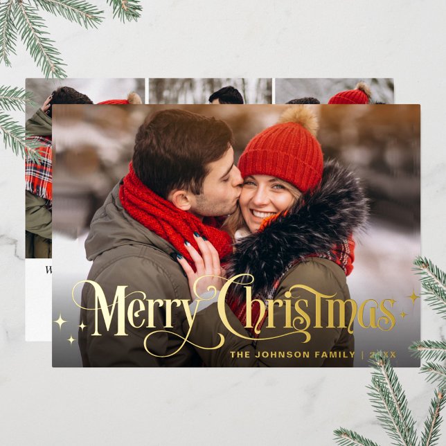 Sparkle Merry Christmas 4 PHOTO Greeting Gold Foil Holiday Card (Creator Uploaded)