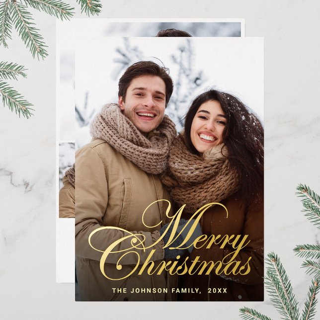 Sparkle Merry Christmas 4 PHOTO Greeting Gold Foil Holiday Card (Customizable Christmas holiday greeting photo card with real foil print.)
