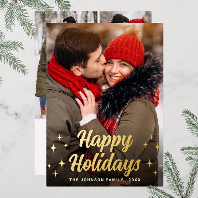 Sparkle Merry Christmas 4 PHOTO Greeting Gold Foil Holiday Card (Customizable Christmas holiday greeting photo card with real foil print.)