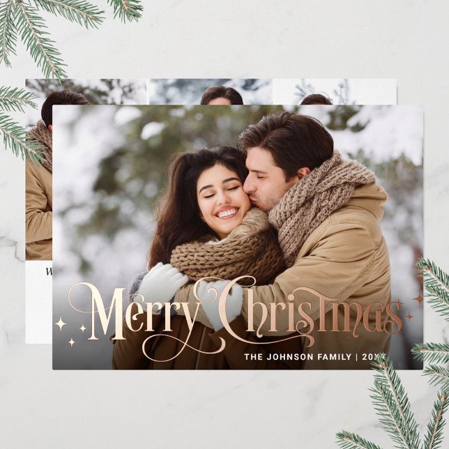 Sparkle Merry Christmas 4 PHOTO Greeting Rose Gold Foil Holiday Card (Creator Uploaded)