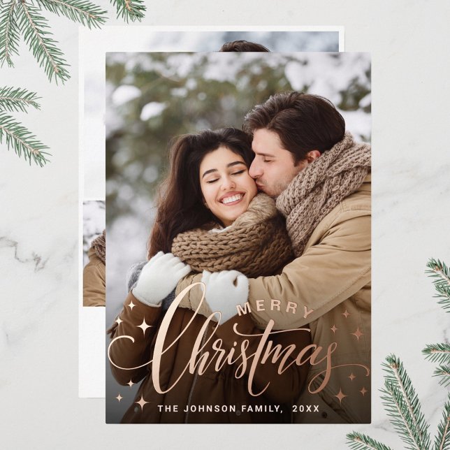Sparkle Merry Christmas 4 PHOTO Greeting Rose Gold Foil Holiday Card (Creator Uploaded)