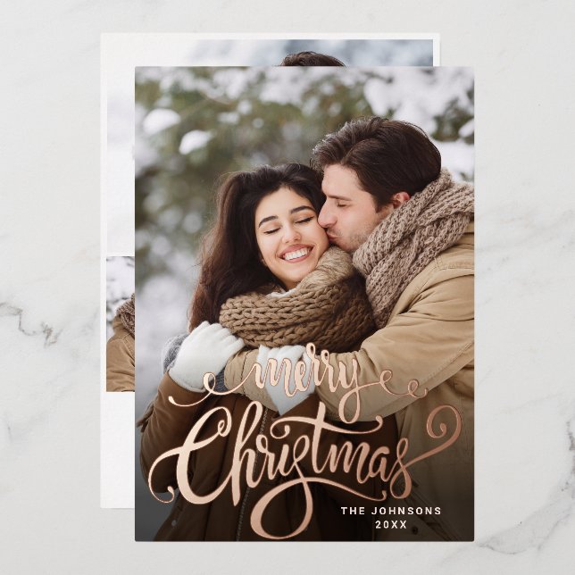 Sparkle Merry Christmas 4 PHOTO Greeting Rose Gold Foil Holiday Card (Front/Back)