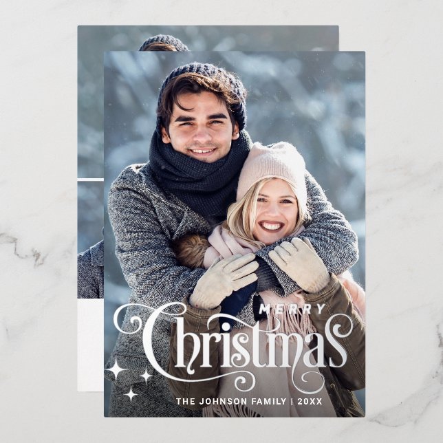 Sparkle Merry Christmas 4 PHOTO Greeting Silver Foil Holiday Card (Front/Back)