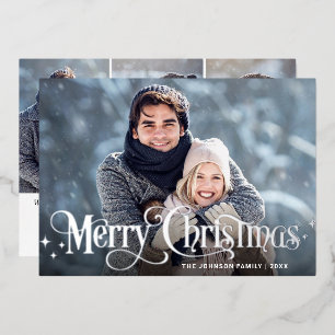 Sparkle Merry Christmas 4 PHOTO Greeting Silver Foil Holiday Card