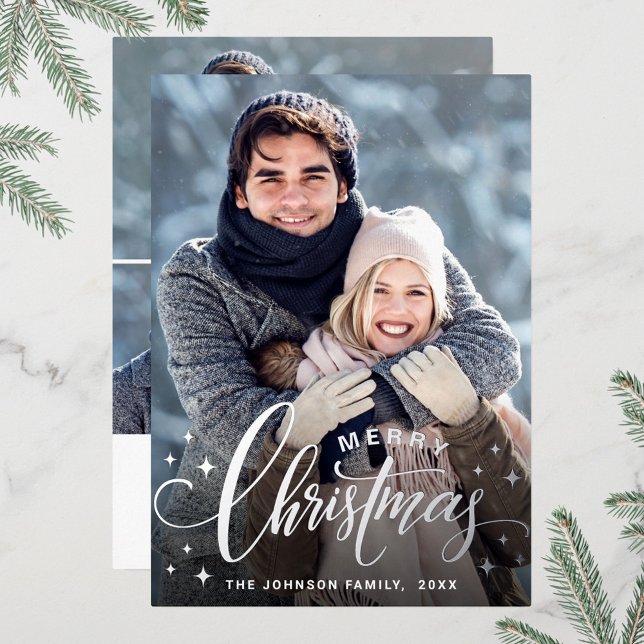 Sparkle Merry Christmas 4 PHOTO Greeting Silver Foil Holiday Card (Creator Uploaded)