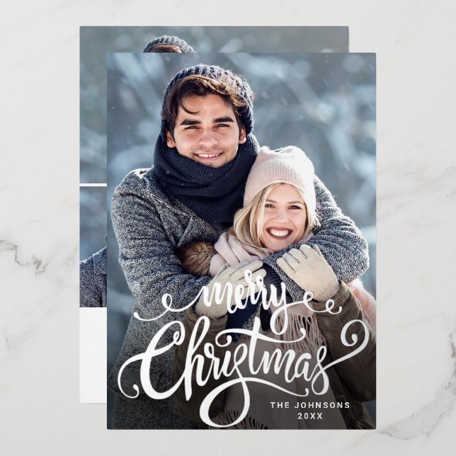 Sparkle Merry Christmas 4 PHOTO Greeting Silver Foil Holiday Card (Front/Back)