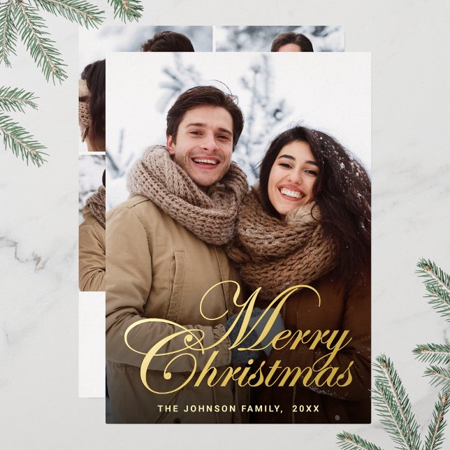 Sparkle Merry Christmas 5 PHOTO Greeting Gold Foil Holiday Card (Customizable Christmas holiday greeting photo card with real foil print.)