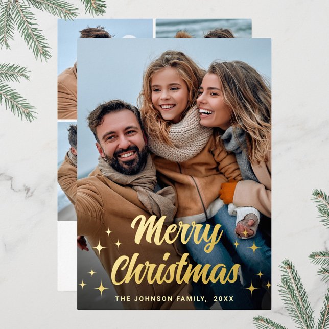 Sparkle Merry Christmas 5 PHOTO Greeting Gold Foil Holiday Card (Creator Uploaded)