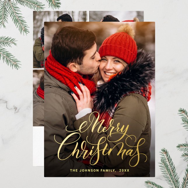 Sparkle Merry Christmas 5 PHOTO Greeting Gold Foil Holiday Card (Creator Uploaded)