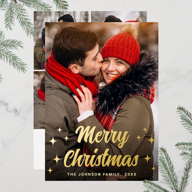 Sparkle Merry Christmas 5 PHOTO Greeting Gold Foil Holiday Card (Customizable Christmas holiday greeting photo card with real foil print.)