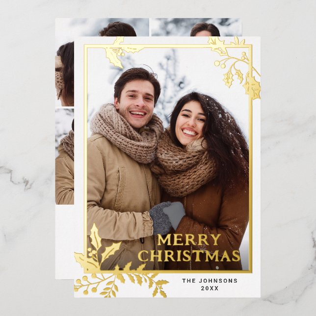 Sparkle Merry Christmas 5 PHOTO Greeting Gold Foil Holiday Card (Front/Back)
