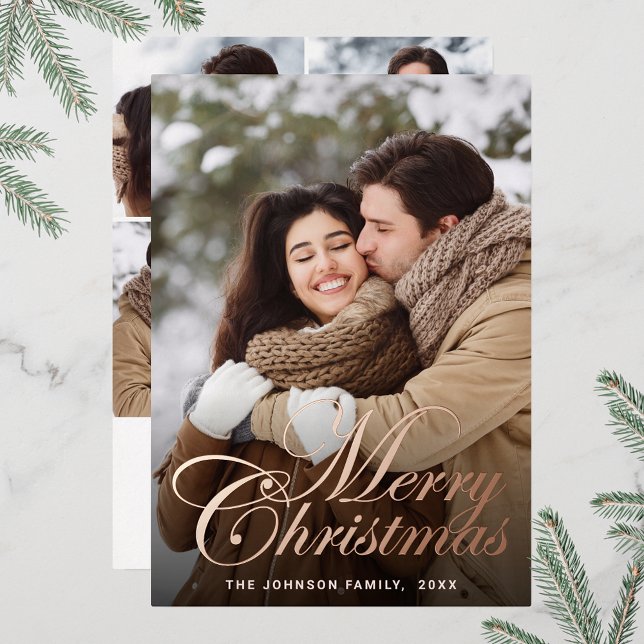 Sparkle Merry Christmas 5 PHOTO Greeting Rose Gold Foil Holiday Card (Customizable Christmas holiday greeting photo card with real foil print.)
