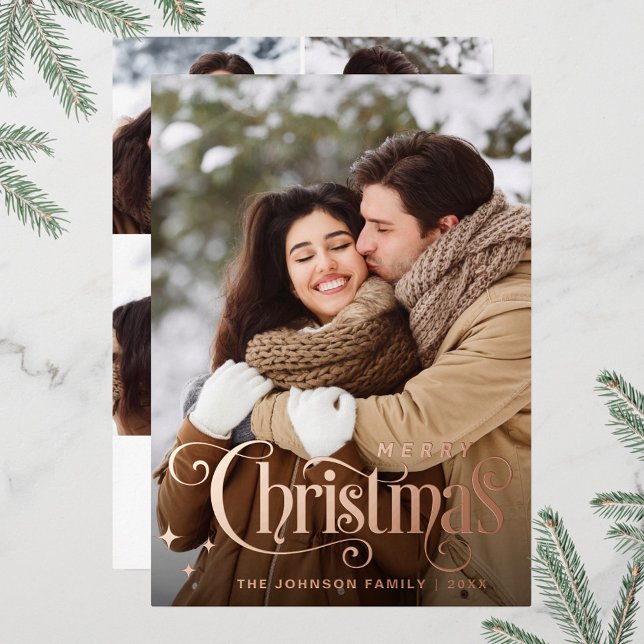 Sparkle Merry Christmas 5 PHOTO Greeting Rose Gold Foil Holiday Card (Creator Uploaded)