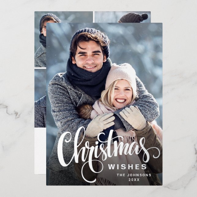 Sparkle Merry Christmas 5 PHOTO Greeting Silver Foil Holiday Card (Front/Back)