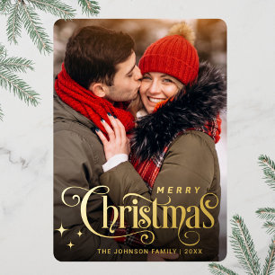 Sparkle Merry Christmas PHOTO Greeting Gold Foil Holiday Card