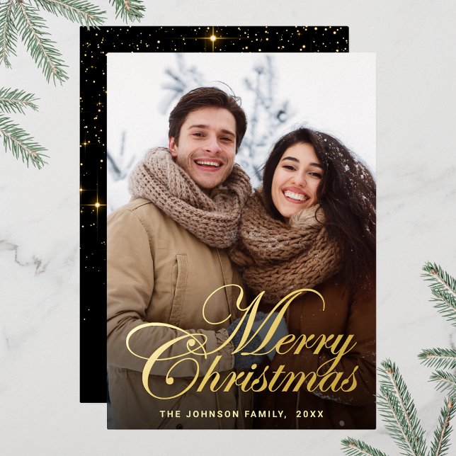Sparkle Merry Christmas PHOTO Greeting Gold Foil Holiday Card (Customizable Christmas holiday greeting photo card with real foil print.)