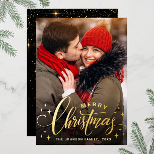 Sparkle Merry Christmas PHOTO Greeting Gold Foil Holiday Card