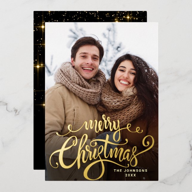 Sparkle Merry Christmas PHOTO Greeting Gold Foil Holiday Card (Front/Back)