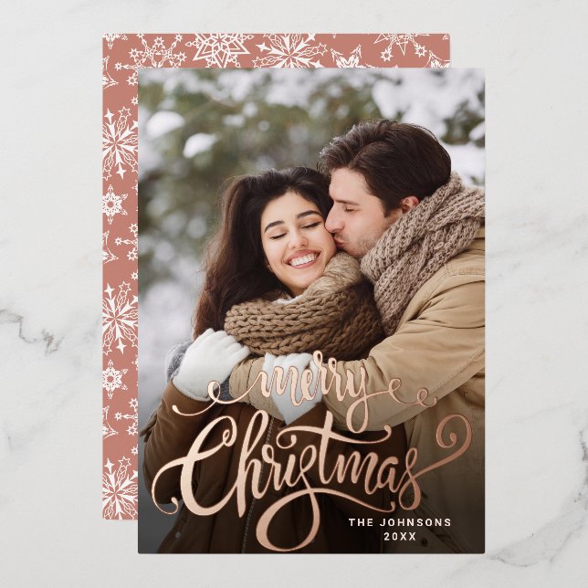 Sparkle Merry Christmas PHOTO Greeting Rose Gold Foil Holiday Card (Front/Back)