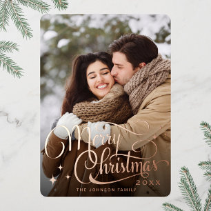 Sparkle Merry Christmas PHOTO Greeting Rose Gold Foil Holiday Card