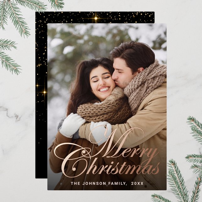 Sparkle Merry Christmas PHOTO Greeting Rose Gold Foil Holiday Card (Customizable Christmas holiday greeting photo card with real foil print.)