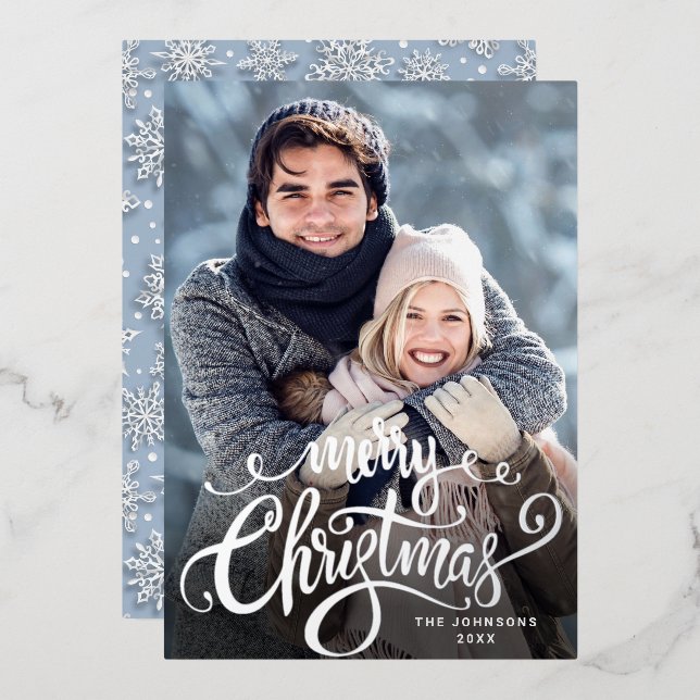Sparkle Merry Christmas PHOTO Greeting Silver Foil Holiday Card (Front/Back)