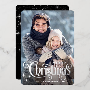 Sparkle Merry Christmas PHOTO Greeting Silver Foil Holiday Card