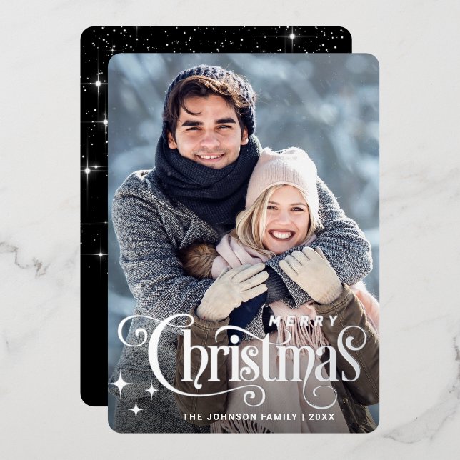 Sparkle Merry Christmas PHOTO Greeting Silver Foil Holiday Card (Front/Back)