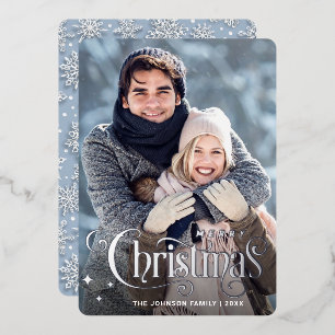 Sparkle Merry Christmas PHOTO Greeting Silver Foil Holiday Card