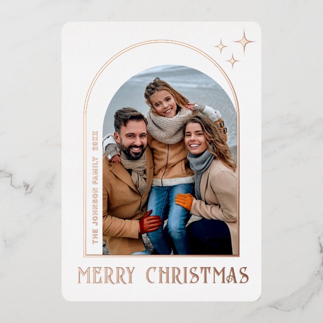 Sparkle Modern Christmas PHOTO Greeting Rose Gold Foil Holiday Card (Front)
