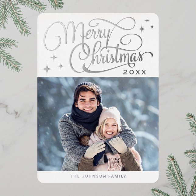 Sparkle Modern Christmas PHOTO Greeting Silver Foil Holiday Card (Creator Uploaded)