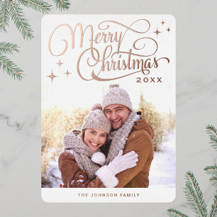 Sparkle Modern Christmas PHOTO Rose Gold Foil Holiday Card