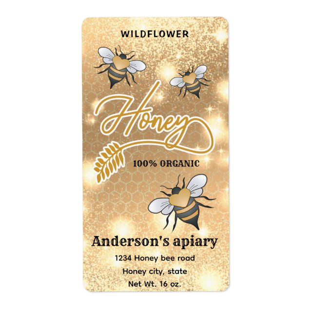 Sparkle modern elegant  honey bees honey jar label (Front)