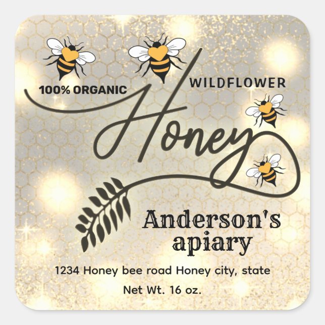 Sparkle modern elegant  honey bees honey jar label (Front)
