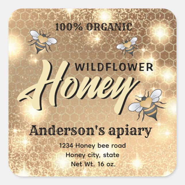 Sparkle modern elegant  honey bees honey jar label (Front)