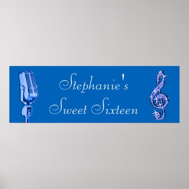 Sparkle Music Note and Retro Microphone Birthday Poster (Front)