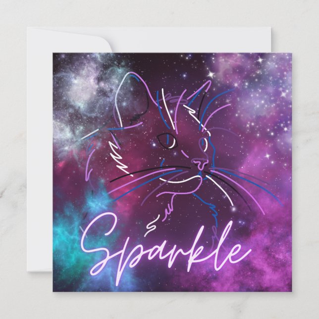 Sparkle- neon galaxy cat invitation (Front)