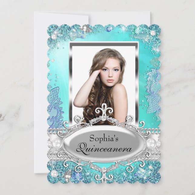 Sparkle Ocean Jewel Photo Quinceanera Invite (Front)