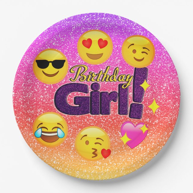 Sparkle Ombre Birthday Girl Emoji Paper Plates (Front)