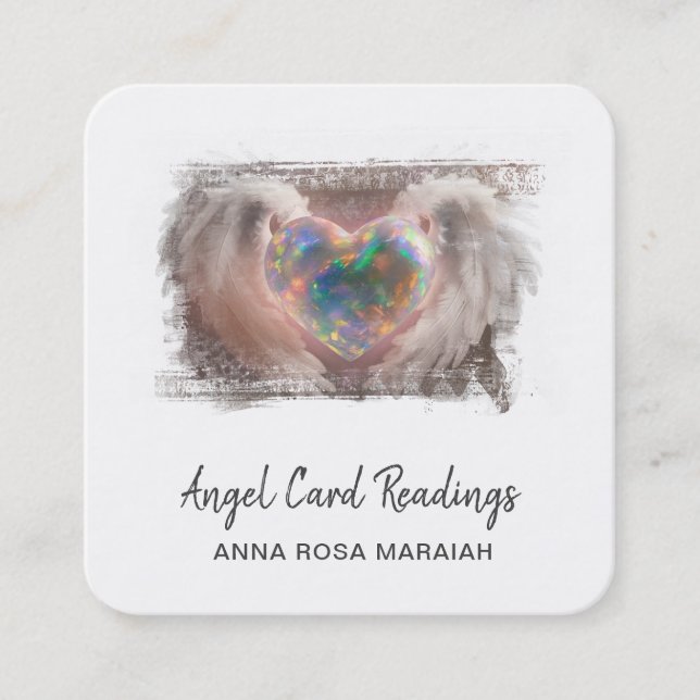*~* Sparkle Opal Heart QR Angel Wings AP78 Gold Square Business Card (Front)