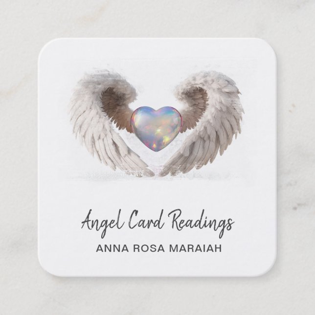 *~* Sparkle Opal Heart QR Angel Wings AP78 WHITE Square Business Card (Front)
