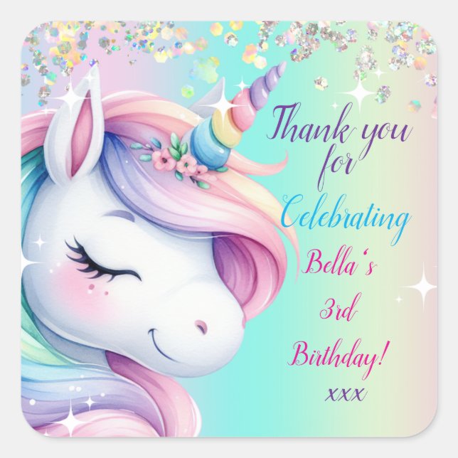 Sparkle Pastel Rainbow Unicorn Birthday Invitation Square Sticker (Front)