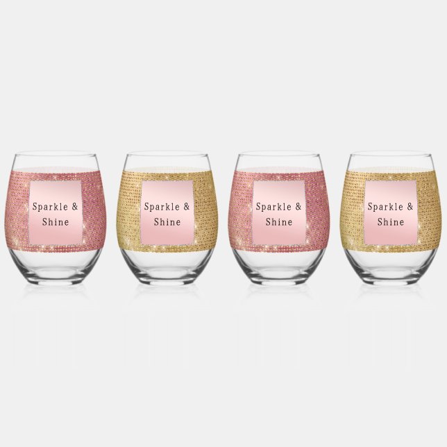 Sparkle Pink and Gold Glam  Stemless Wine Glass (Back)