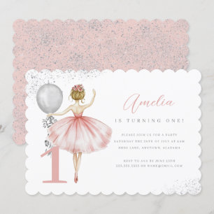 Sparkle Pink Ballerina First Birthday Party Invitation
